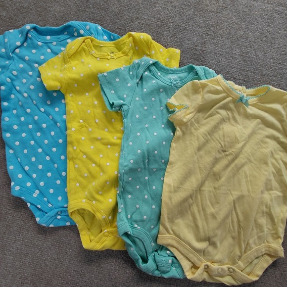 Carters, Small Wonders, Lovable Friends Other - Carters, Small Wonders Baby‎ Girls 4 Bodysuits Polka Dot Yellow Blue Spring Set